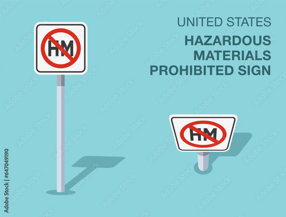 Traffic regulation rules. Isolated United States hazardous materials prohibited sign. Front and top view. Flat vector illustration template. Traffic regulation rules. Isolated United States hazardous materials prohibited sign. Front and top view. Flat vector illustration template.