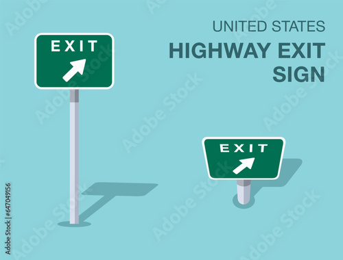Traffic regulation rules. Isolated United States highway exit sign. Front and top view. Flat vector illustration template.