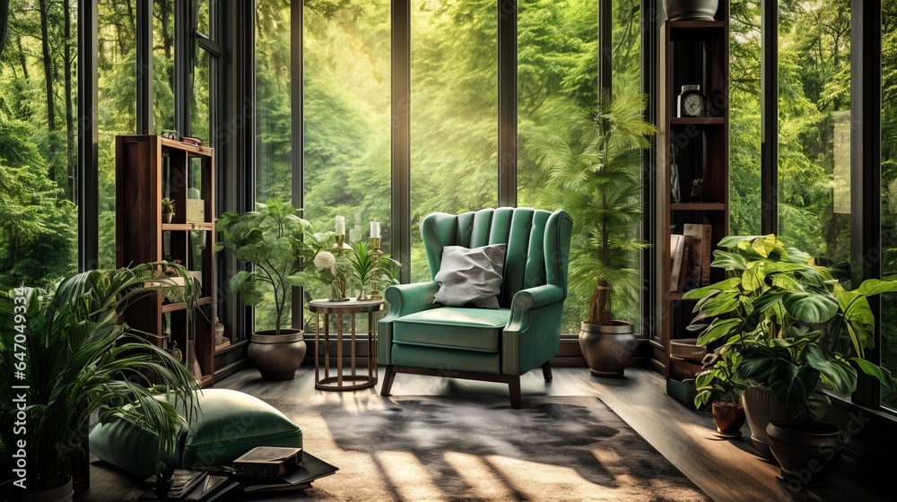 Morning light streams through the glass of the green wingback chair near the window. Classic home interior design of living room