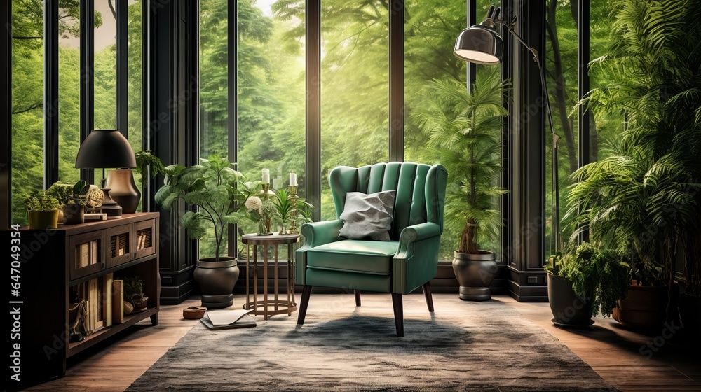 Morning light streams through the glass of the green wingback chair near the window. Classic home interior design of living room Morning light streams through the glass of the green wingback chair near the window. Classic home interior design of living room