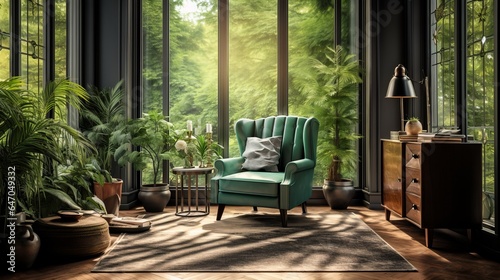 Morning light streams through the glass of the green wingback chair near the window. Classic home interior design of living room
