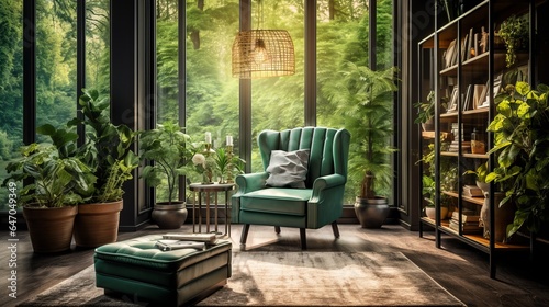 Morning light streams through the glass of the green wingback chair near the window. Classic home interior design of living room