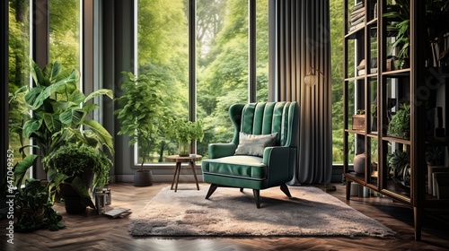Morning light streams through the glass of the green wingback chair near the window. Classic home interior design of living room