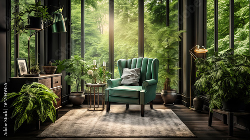 Morning light streams through the glass of the green wingback chair near the window. Classic home interior design of living room © ND STOCK