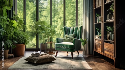 Morning light streams through the glass of the green wingback chair near the window. Classic home interior design of living room