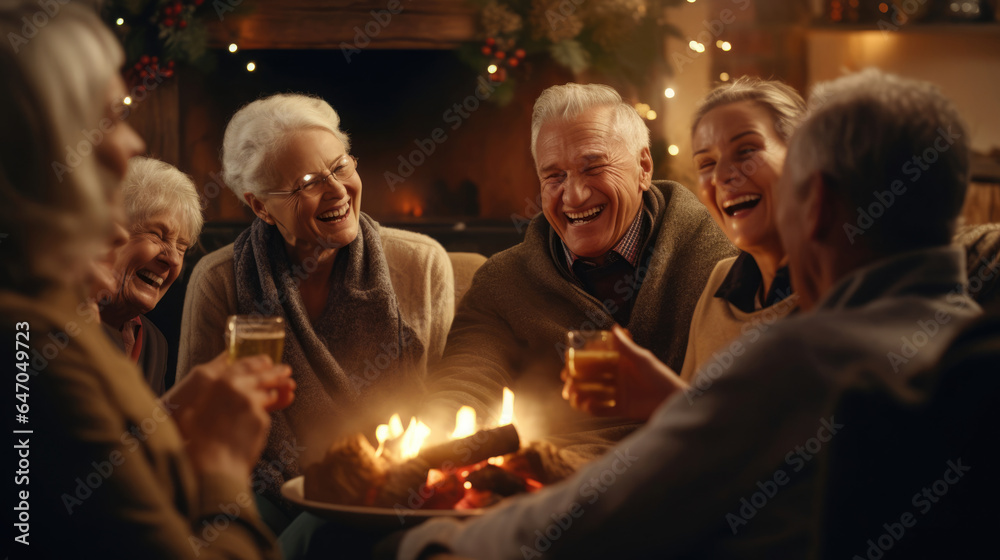 A group of seniors sharing stories around a cozy fireplace,  enveloped in warmth and friendship