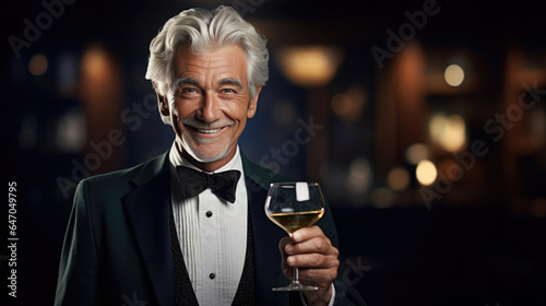 A silver-haired gentleman raising his glass for a toast, the light catching his genuine smile