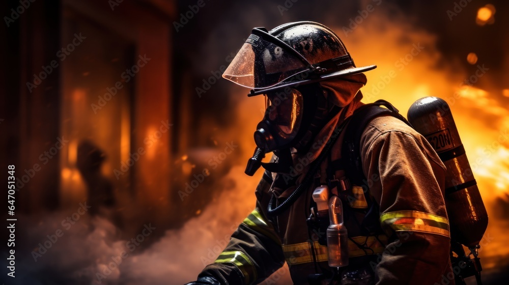 Firefighter men working in dangerous situation, Intense and bravery of firefighter on duty.