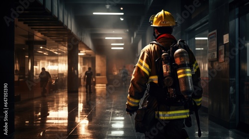 Firefighter men working in dangerous situation, Intense and bravery of firefighter on duty.