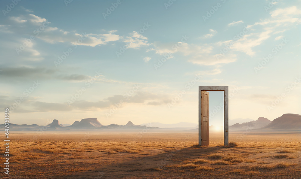 opened door standing alone in a vast desert landscape