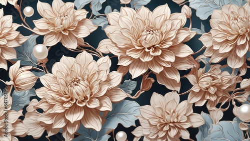 "Dahlia Elegance: Captivating Floral and Pearl Seamless Pattern for Various Applications"