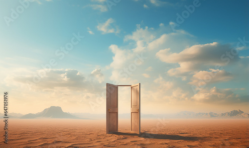 opened door standing alone in a vast desert landscape