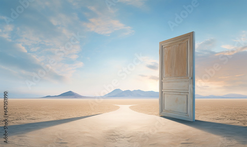opened door standing alone in a vast desert landscape photo