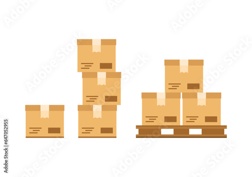 Set stack brown cardboard paper parcel box on wooden pallet icon flat vector design