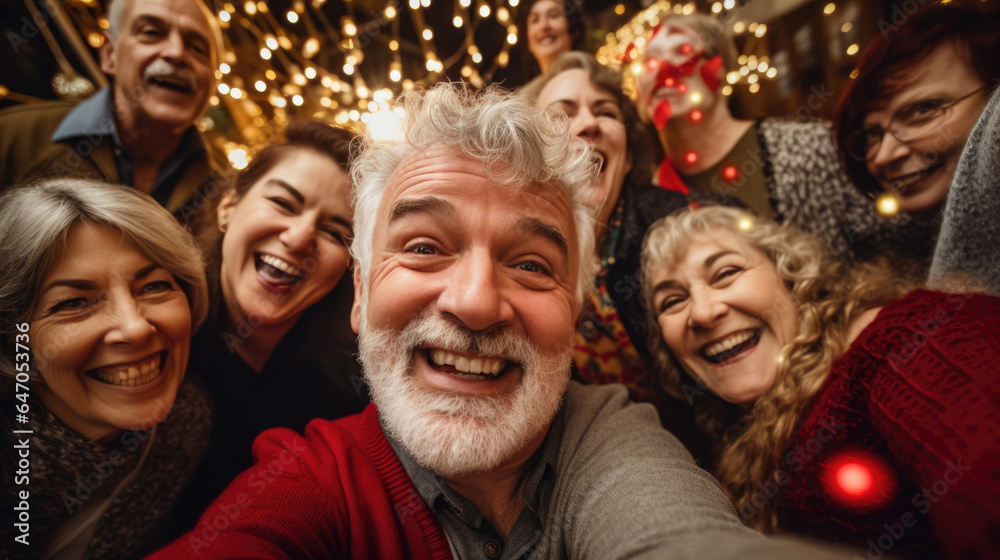 A spirited senior taking a playful selfie with friends as they ring in the New Year together