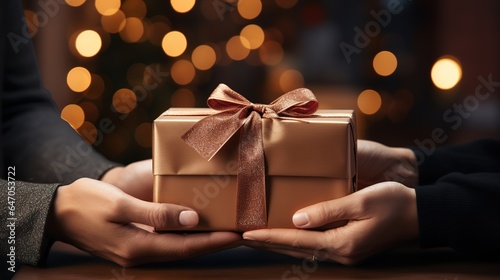 Hands holding gift box for Christmas. Festive magical atmosphere