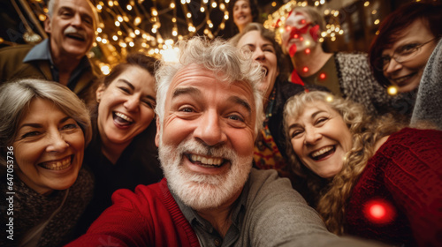 A spirited senior taking a playful selfie with friends as they ring in the New Year together © basketman23