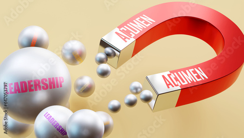 Acumen which brings Leadership. A magnet metaphor in which acumen attracts multiple parts of leadership. Cause and effect relation between acumen and leadership.,3d illustration