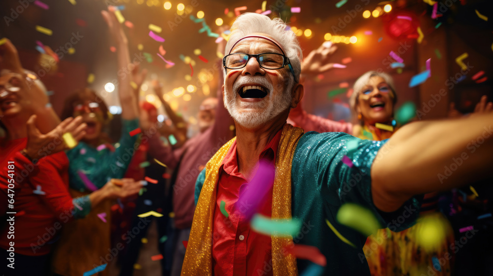 A spirited senior leading a conga line of fellow revelers in a vibrant New Years celebration
