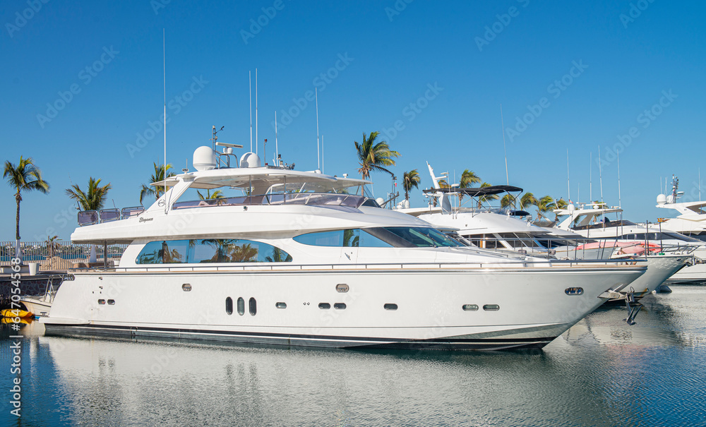 Fototapeta premium Yachts or boats on a sunny morning in a marina in La Paz Baja California Sur. Mexico. With clear blue summer sky