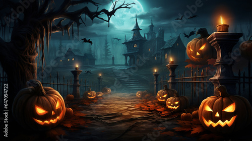 Halloween night background pumpkins and dark castle illustration