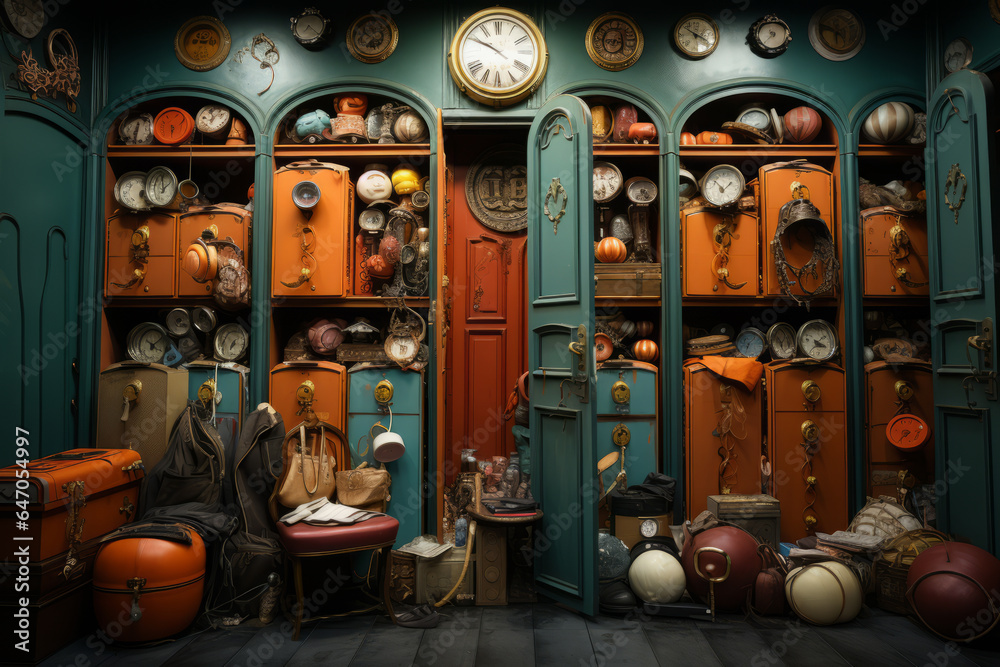 Locker filled with costumes and props in a theater or performing arts setting, Generative AI