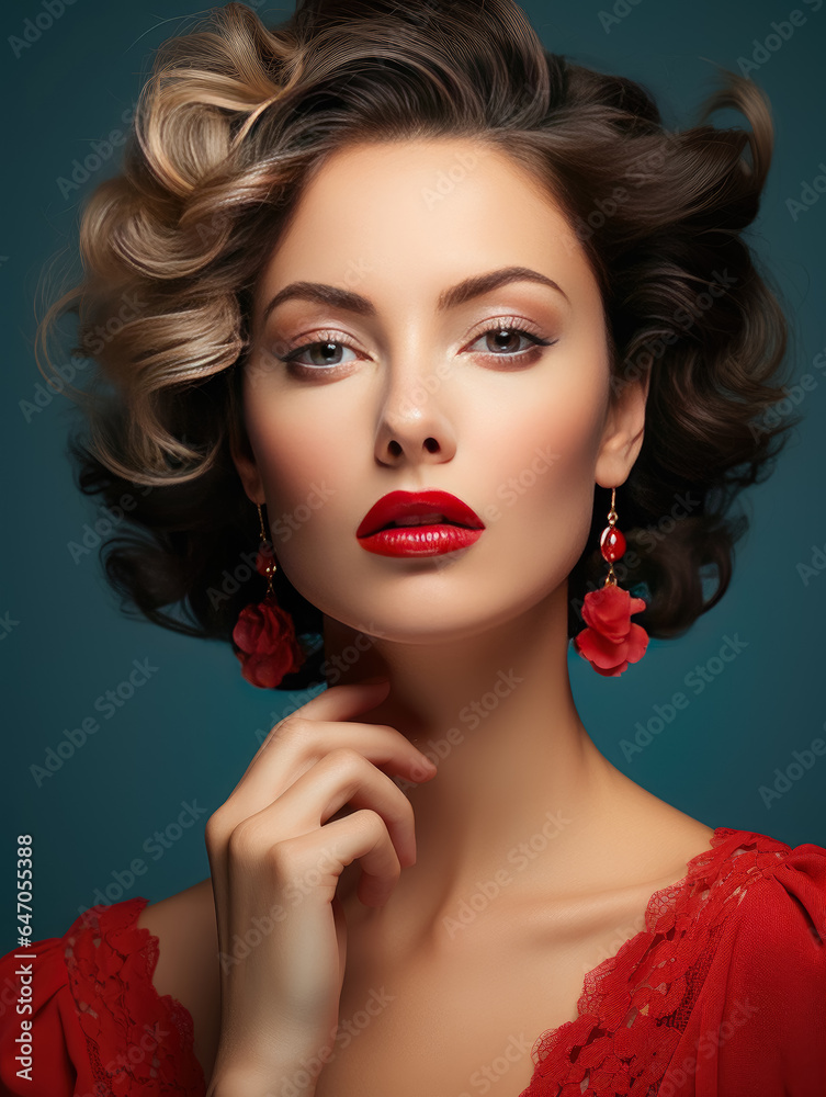 Fototapeta premium Portrait Sexy woman beauty face and Beauty Red Lips Makeup Detail , Lips Skin Care