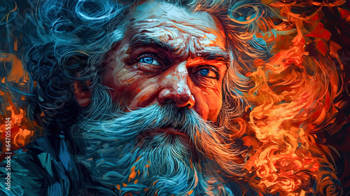 Middle-aged bearded philosopher in ancient Greek setting, lost in burning thoughts represented by fire