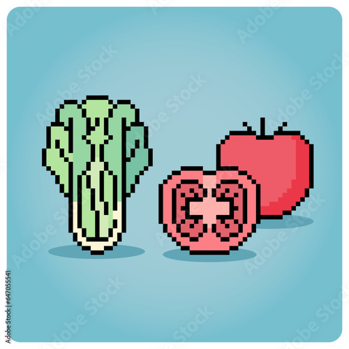 Mustard green and tomato in 8 bit pixel art. Vegetable for game assets and cross stitch patterns in vector illustration. © Two Pixel