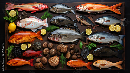 4K types of sea fish for cooking on a wooden tabletop in a kitchen. Food photography, fish and seafood, healthy food. 16:9 wide