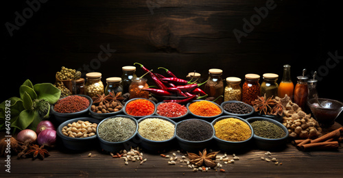 4K types of spices for cooking on a wooden tabletop with bottles. Direct top view. both spices and leaves seen. Food photography, spices, healthy food. 16:9 wide
