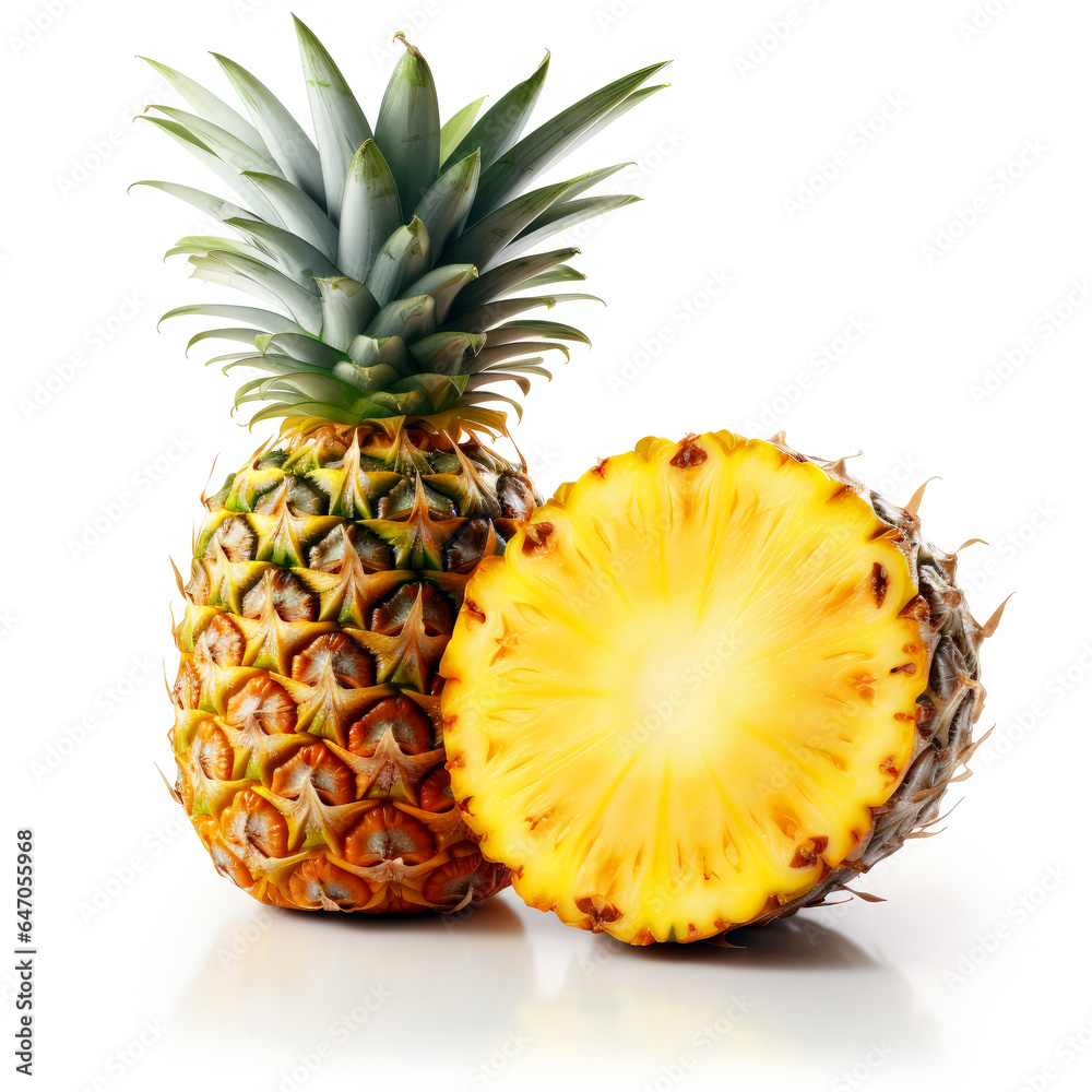 4K pineapple fruit with a cut half isolated on a white background. children's workbook fruit pictures. tropical fruit images. healthy food. 4K pineapple fruit with a cut half isolated on a white background. children's workbook fruit pictures. tropical fruit images. healthy food.