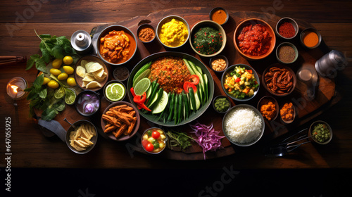 4K types of Sri Lankan food on a wooden tabletop with utensils. Direct top view for wallpaper. both food and decorations. Food photography. Party Table.