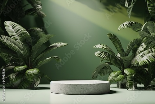 An empty grey podium on a light green background with plants, perfect for product presentation. Made with generative AI technology