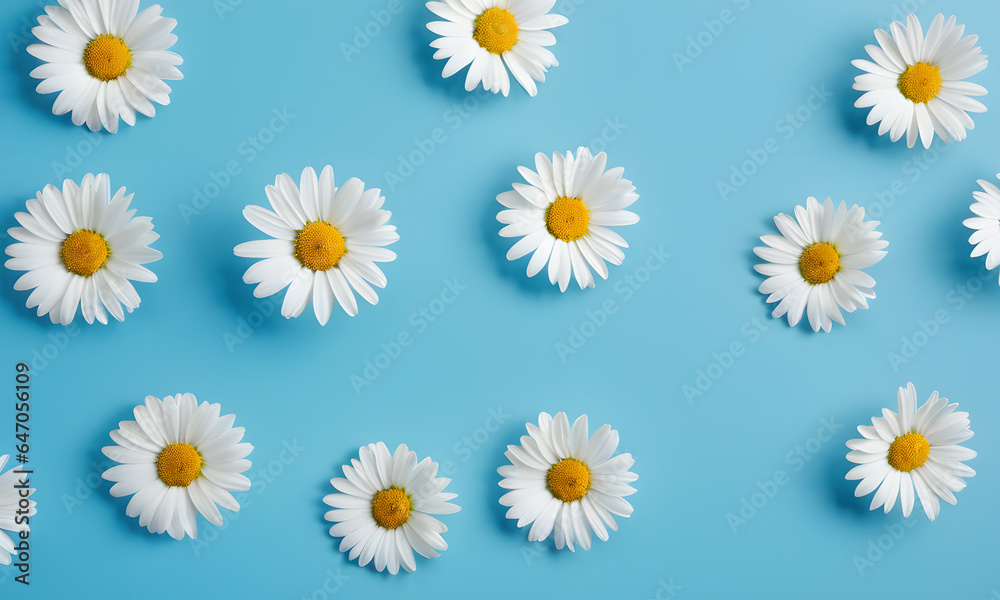 Daisy pattern. Flat lay spring and summer chamomile flowers on a blue background. Repetition concept. Top view. AI generative.