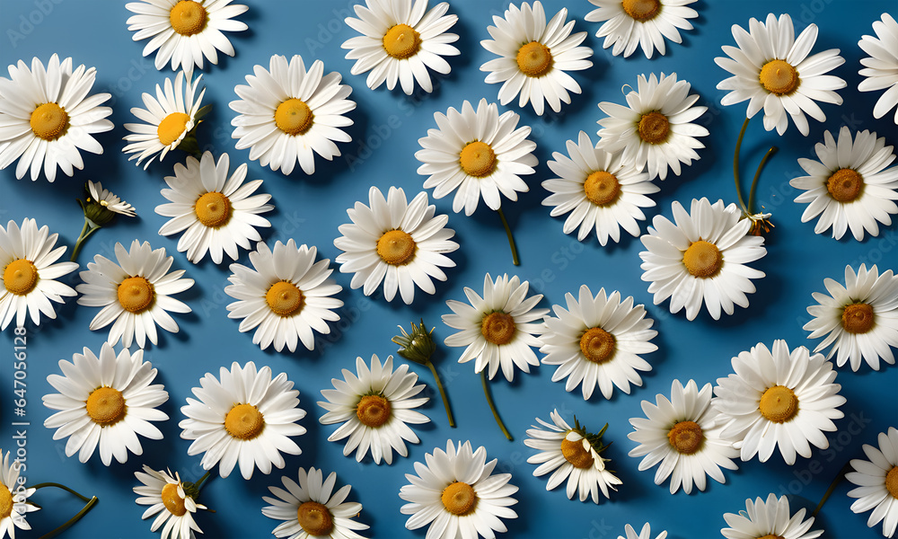 Daisy pattern. Flat lay spring and summer chamomile flowers on a blue background. Repetition concept. Top view. AI generative.