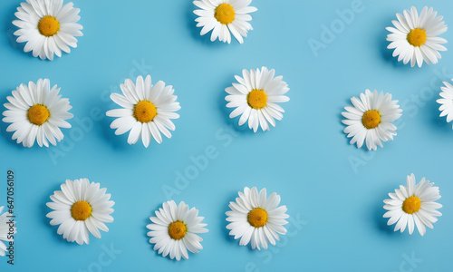 Daisy pattern. Flat lay spring and summer chamomile flowers on a blue background. Repetition concept. Top view. AI generative. © ณรงค์วิทย์ สุขใจ