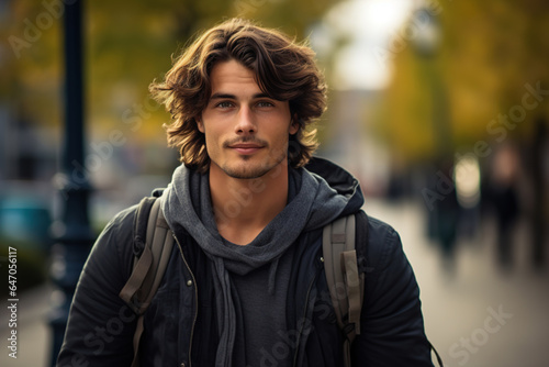 Portrait of a handsome guy student with a hairstyle in a jacket with a backpack outdoors on an autumn day looking at camera