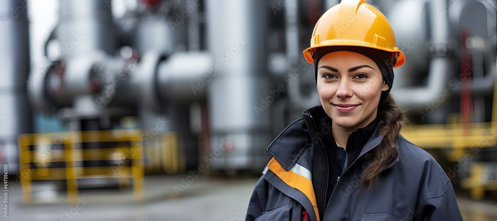 Smiling  woman engineer, she is in an industrial factory with uniform, vest and safety helmet