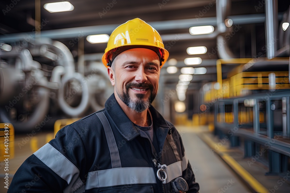 Industrial worker with safety vests and helmets. Generative AI Industrial worker with safety vests and helmets. Generative AI