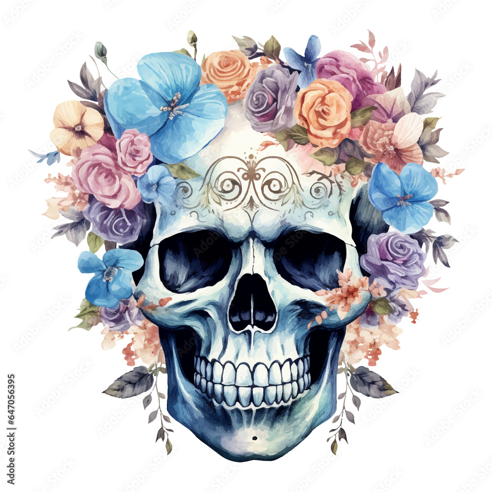 skull with flowers illustration, generative AI skull with flowers illustration, generative AI