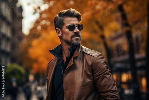 Brutal adult Caucasian man wearing sunglasses and a brown leather jacket outdoors. Men's autumn fashion lifestyle
