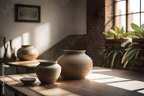  a scene that exudes boho lux vibes, with carefully curated pottery pots adorning shelves and tables. The limewash walls and concrete floors provide a serene backdrop for the artistic creation,