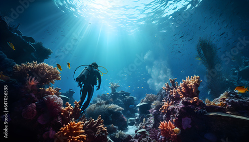 Ocean underwater with diver exploring the coral reefs. Generative AI © santima.studio (02)