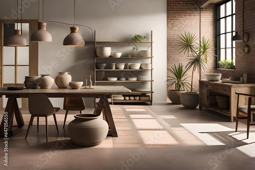  a scene that exudes boho lux vibes, with carefully curated pottery pots adorning shelves and tables. The limewash walls and concrete floors provide a serene backdrop for the artistic creation,