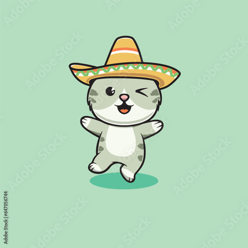Happy Mexican Kitten Dancing Cartoon Illustration © cubbone