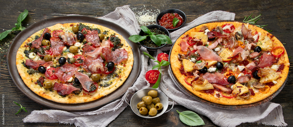 Homemade Meat Loves Pizzas with Pepperoni and Bacon. Homemade Meat Loves Pizzas with Pepperoni and Bacon.