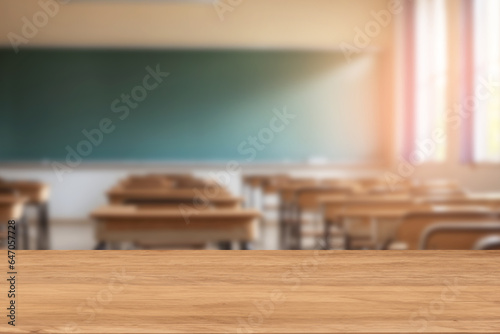Wooden board empty table background. background of the empty classroom