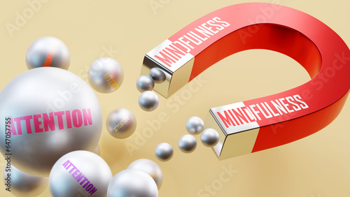 Mindfulness which brings Attention. A magnet metaphor in which mindfulness attracts multiple parts of attention. Cause and effect relation between mindfulness and attention.,3d illustration