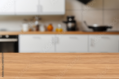 Wooden board empty table background. kitchen background blurred